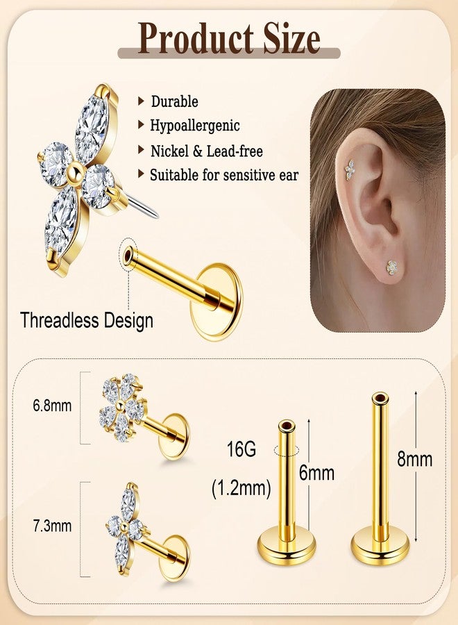 NICEIGHT 2Pcs 16G/18G Titanium Threadless Cartilage Earrings - Flat Back Push in Helix, Tragus, Labret, Monroe Studs - Hypoallergenic Flower Conch Lobe Stud Piercing Jewelry 6/8MM 16G Gold - Image 3